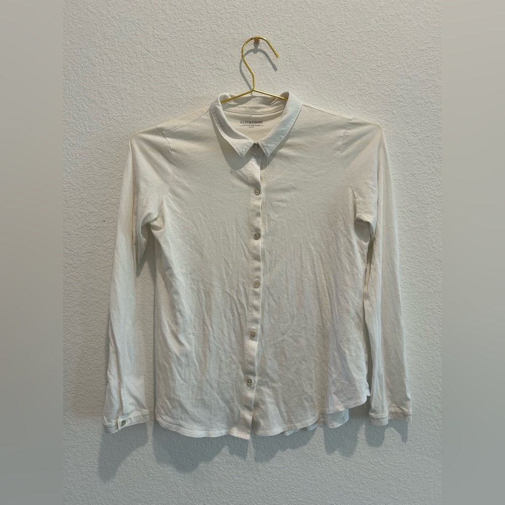 Eileen Fisher white button up Collared soft long sleeve cotton shirt top